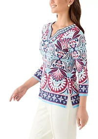 Petite Embellished Geo Border Knit Top