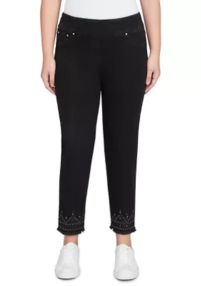 Pull On Embroidered Hem Black Ankle Jeans