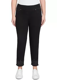 Pull On Embroidered Hem Black Ankle Jeans