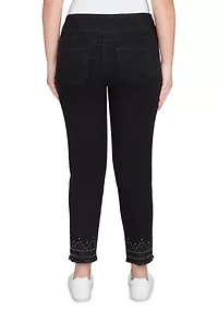 Pull On Embroidered Hem Black Ankle Jeans