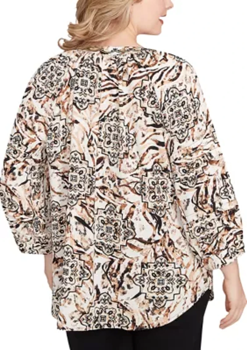 Plus Embellished Animal Crepe Henley Top