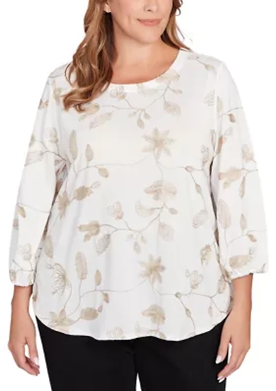 Plus Metallic Embroidered Floral Top