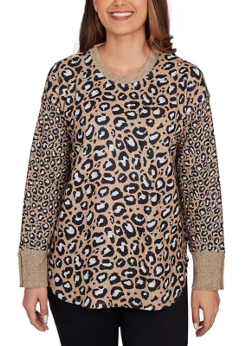 Women's Sweater Trimmed Cozy Animal Print Top