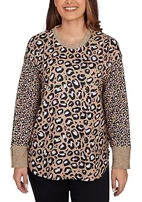 Women's Sweater Trimmed Cozy Animal Print Top