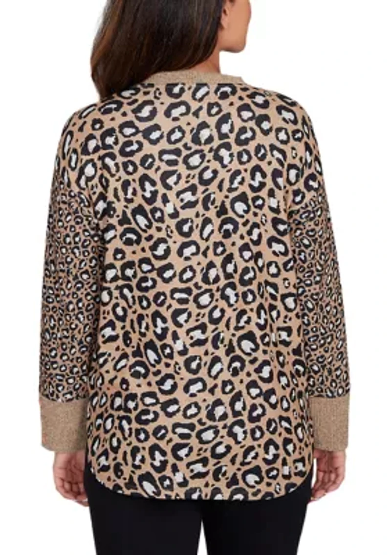 Women's Sweater Trimmed Cozy Animal Print Top