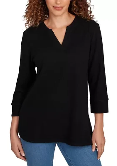 Women's Split Neck Cozy Hatchi Knit Top