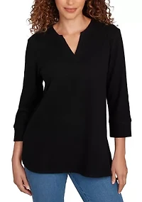 Women's Split Neck Cozy Hatchi Knit Top