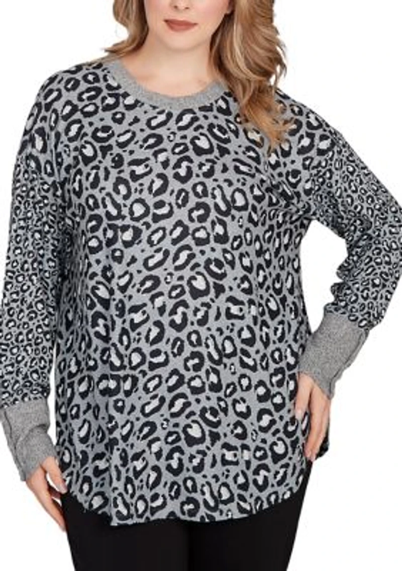 Plus Sweater Trimmed Cozy Animal Print Top