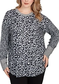 Plus Sweater Trimmed Cozy Animal Print Top