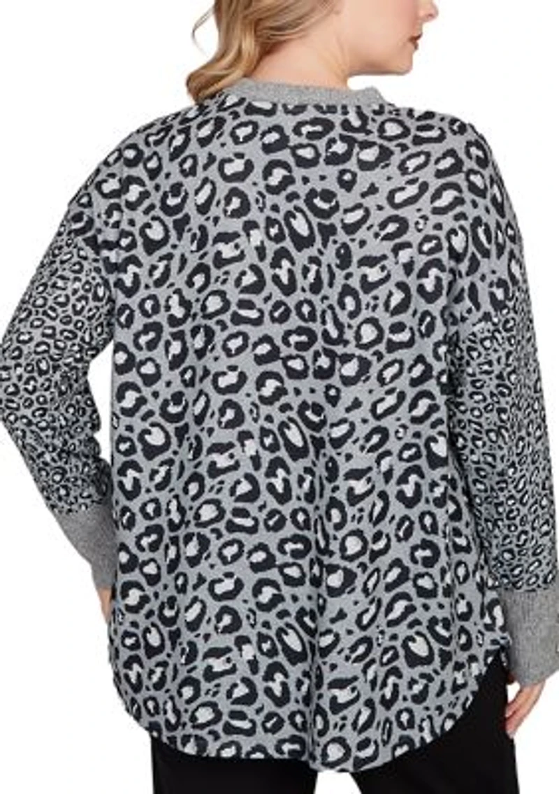 Plus Sweater Trimmed Cozy Animal Print Top