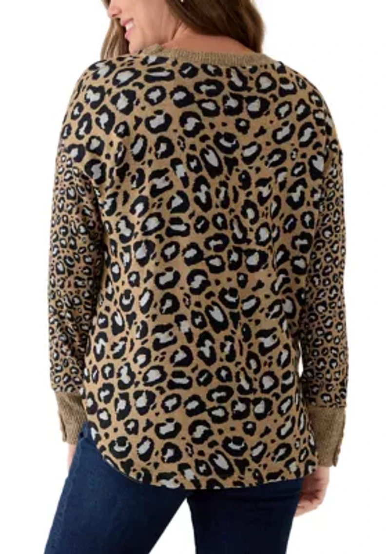 Petite Trimmed Cozy Animal Print Sweater