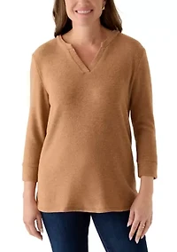 Petite Split Neck Cozy Hatchi Knit Top