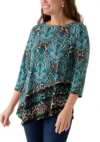 Petite Ballet Neck Medallion Animal Print Cozy Top