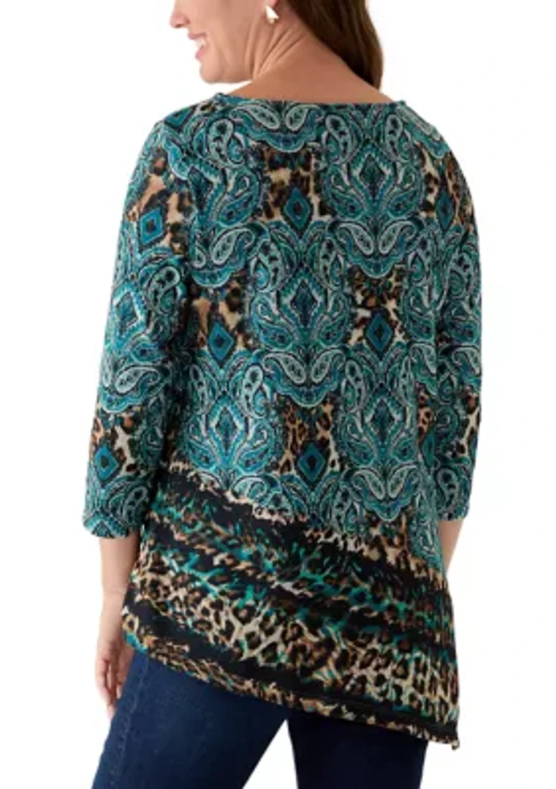 Petite Ballet Neck Medallion Animal Print Cozy Top