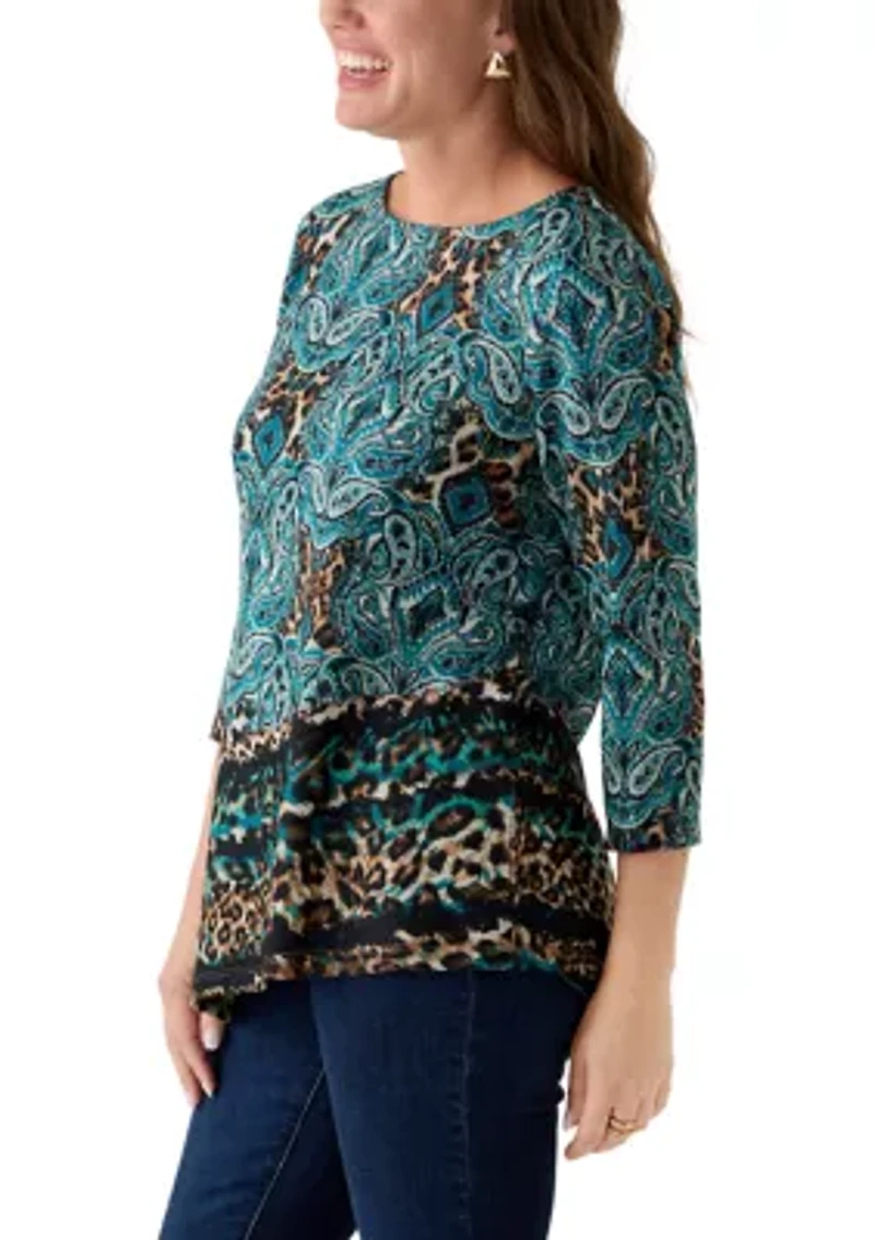 Petite Ballet Neck Medallion Animal Print Cozy Top