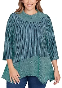 Plus Split Cowl Neck Herringbone Knit Top