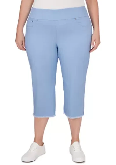 Plus Pull On Tencel Denim Capri Pants with Fringed Hem