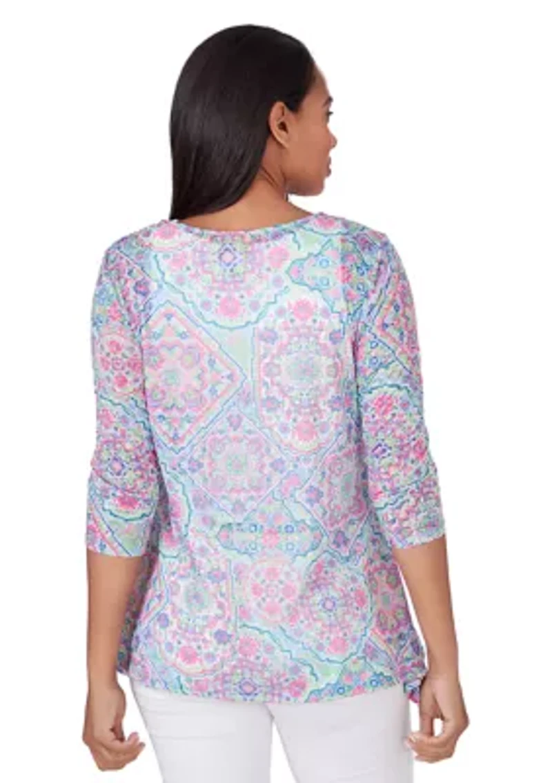 Petite Scoop Neck Tile Print Burnout Shark Bite Top