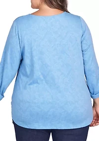 Plus French Terry V-Neck Roll Sleeve Top