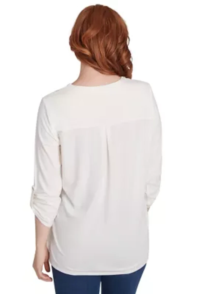 Petite V-Neck Floral Placement Embroidered Knit Top
