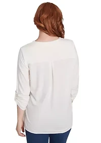 Petite V-Neck Floral Placement Embroidered Knit Top