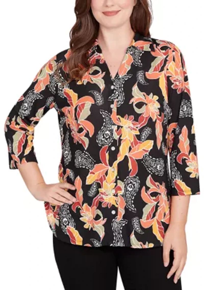 Women's Shirt Collar Floral Paisley Button Front Top