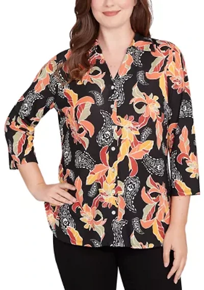 Women's Shirt Collar Floral Paisley Button Front Top