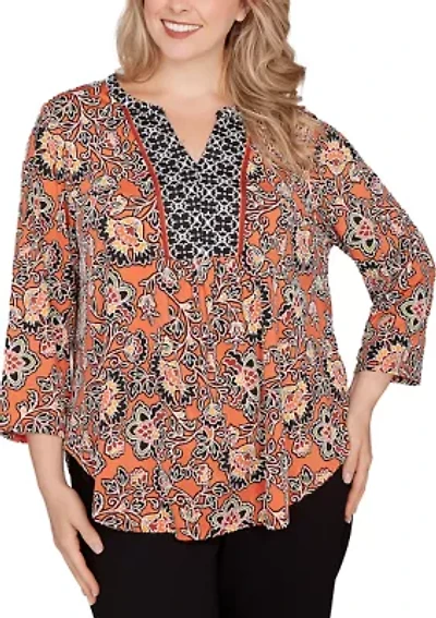 Plus Artisan Floral Puff Print Pleated Top