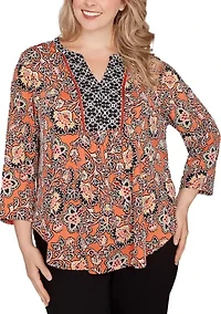 Plus Artisan Floral Puff Print Pleated Top