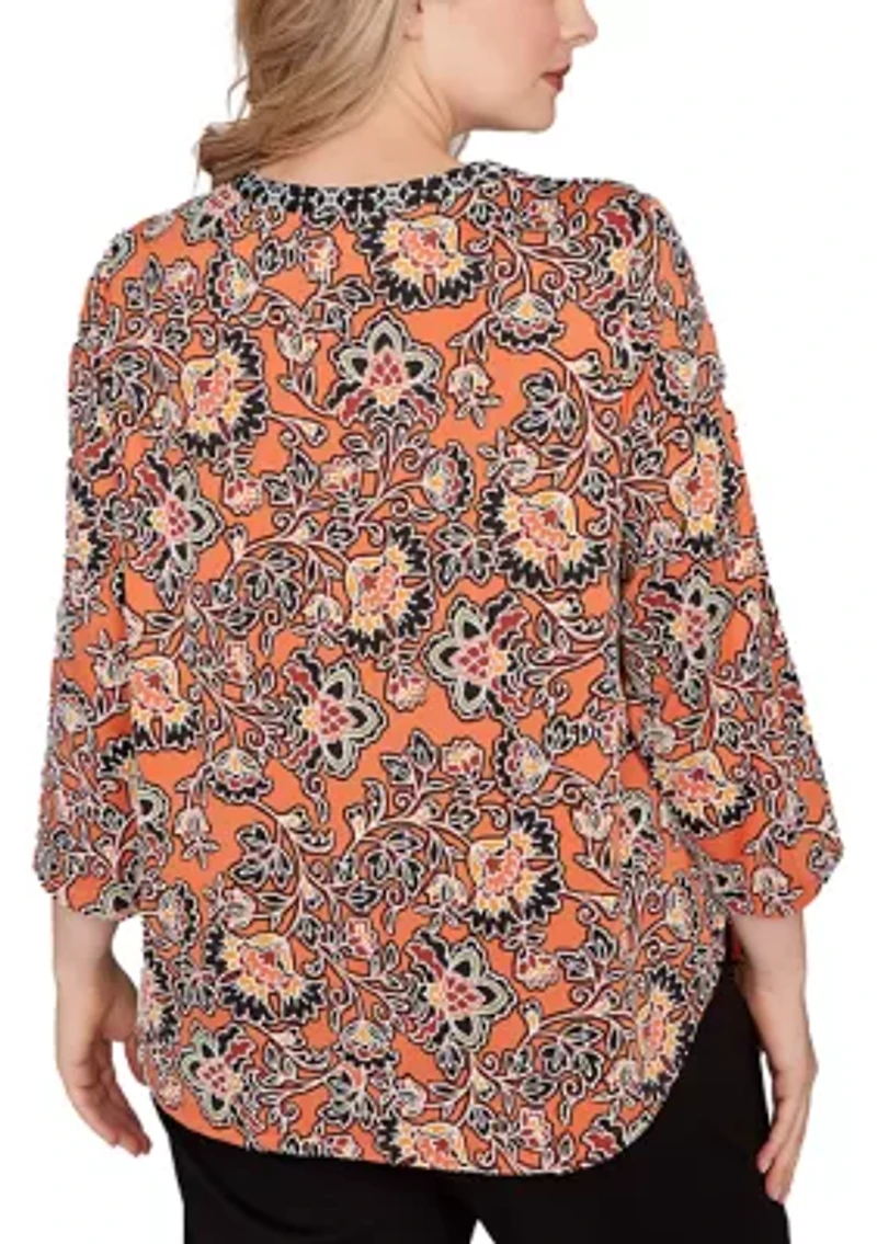 Plus Artisan Floral Puff Print Pleated Top