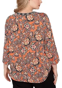 Plus Artisan Floral Puff Print Pleated Top
