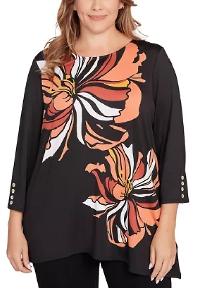 Plus Button Sleeve Bold Floral Top