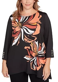 Plus Button Sleeve Bold Floral Top