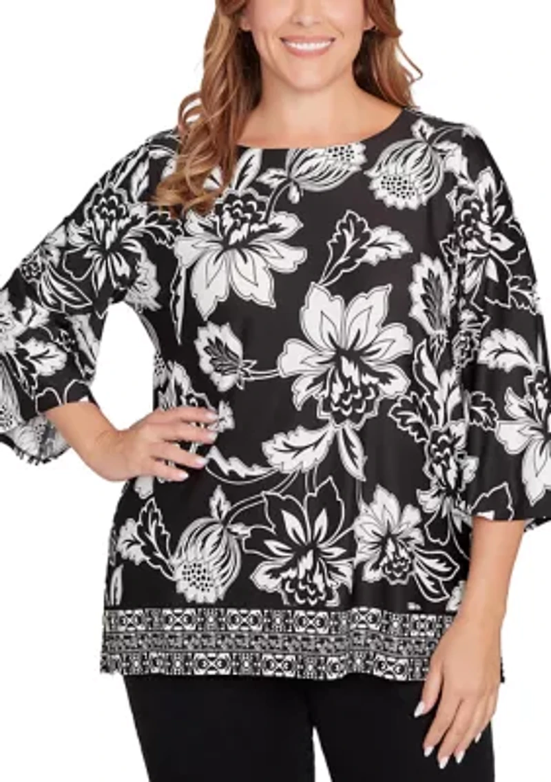 Plus Floral Geo Border Knit Top