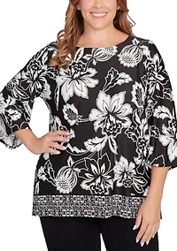 Plus Floral Geo Border Knit Top
