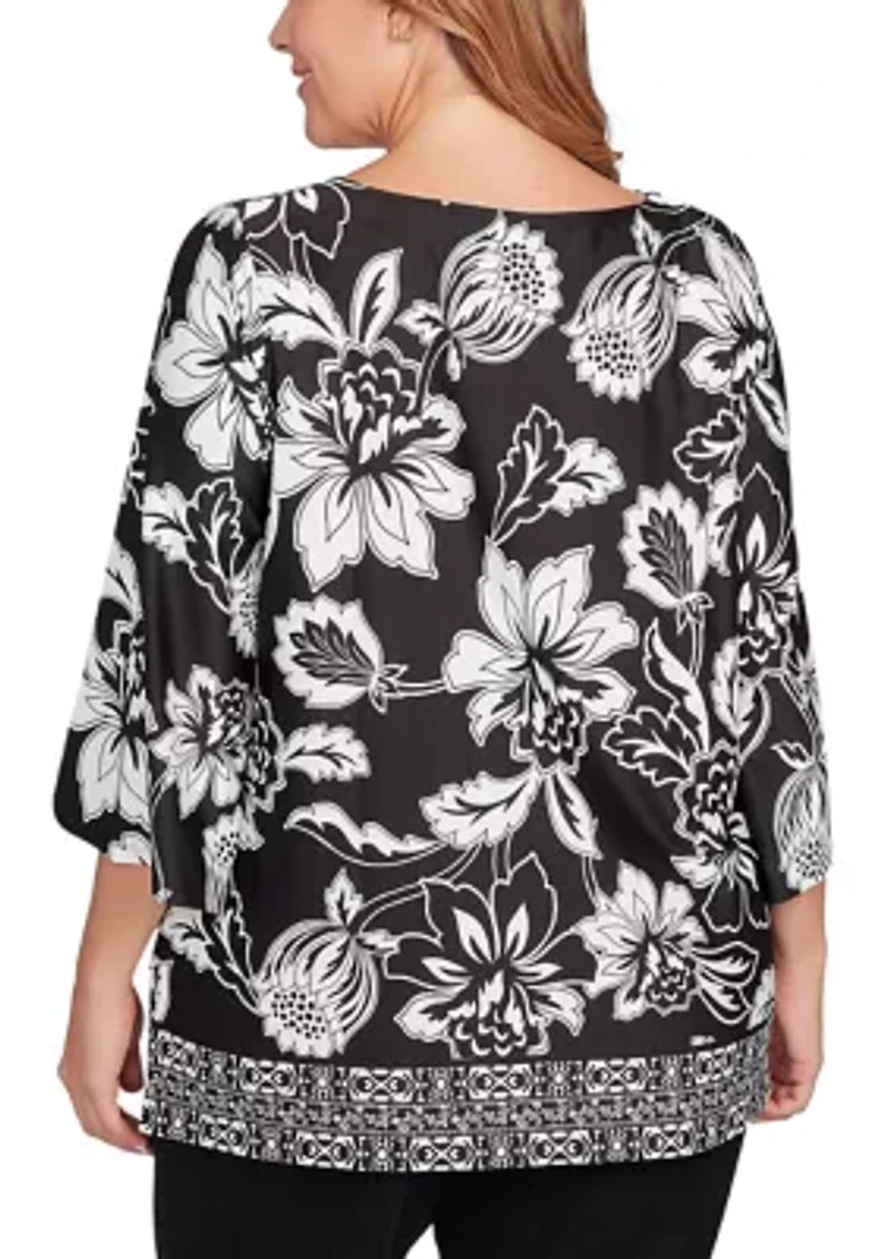 Plus Floral Geo Border Knit Top