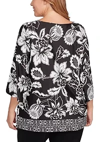 Plus Floral Geo Border Knit Top