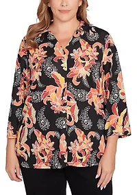 Shirt Collar Floral Paisley Button Front Top