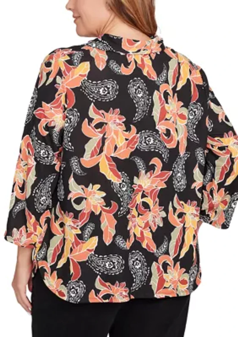 Shirt Collar Floral Paisley Button Front Top