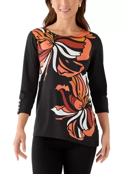 Petite Button Sleeve Bold Floral Top