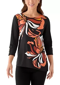 Petite Button Sleeve Bold Floral Top