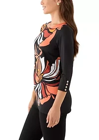 Petite Button Sleeve Bold Floral Top