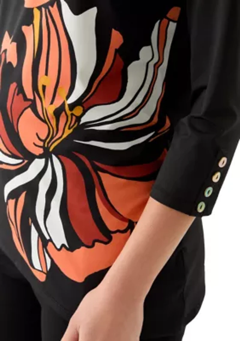 Petite Button Sleeve Bold Floral Top