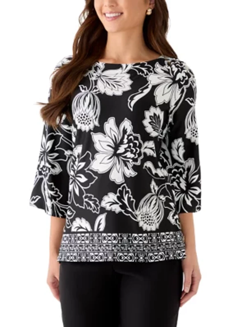 Petite Floral Geo Border Knit Top