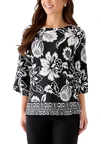 Petite Floral Geo Border Knit Top