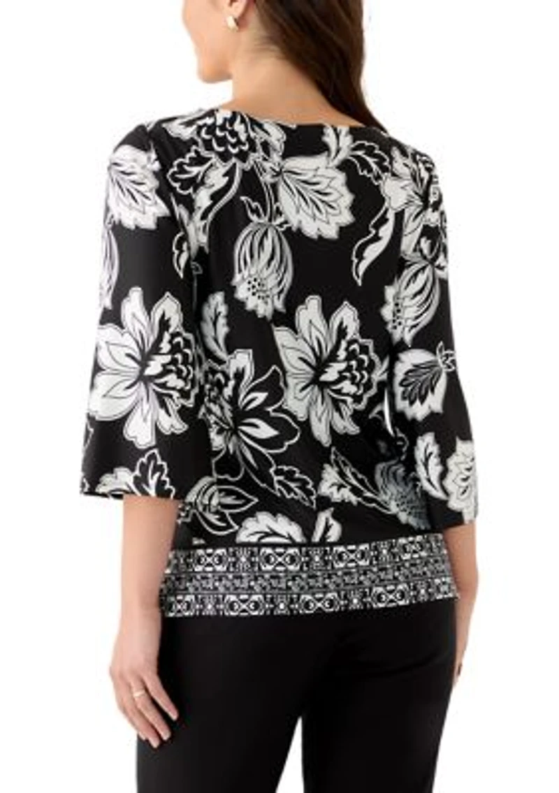 Petite Floral Geo Border Knit Top