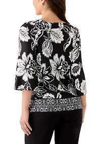 Petite Floral Geo Border Knit Top