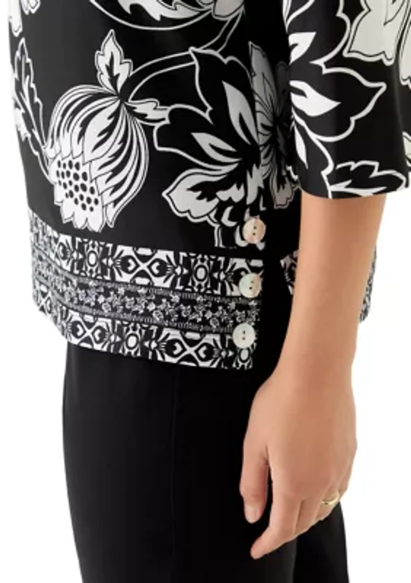 Petite Floral Geo Border Knit Top