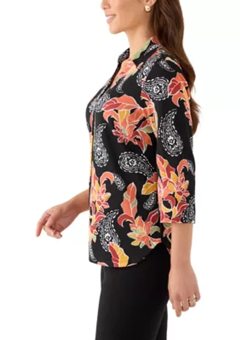 Petite Shirt Collar Floral Paisley Button Front Top