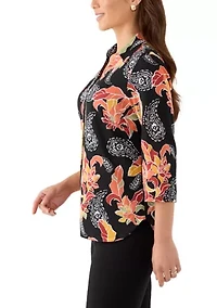 Petite Shirt Collar Floral Paisley Button Front Top